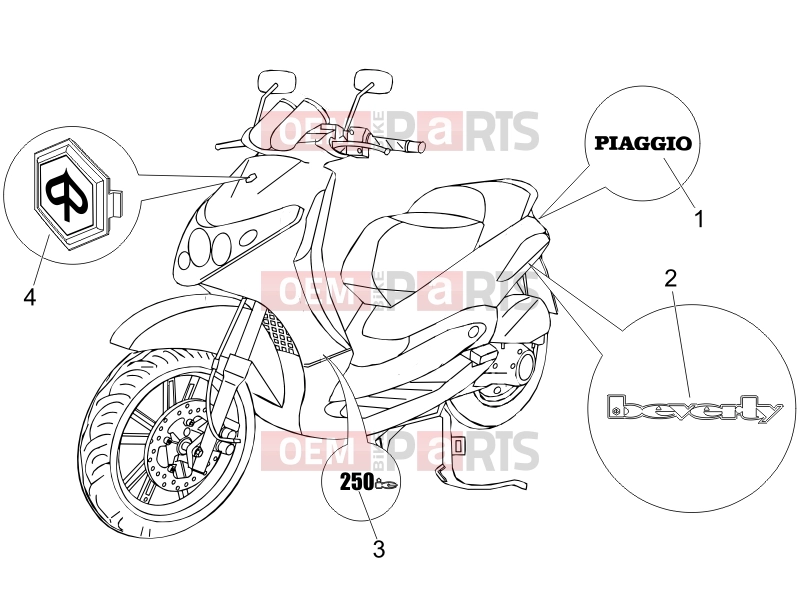 PIAGGIO Beverly 250 ie Frame - Plastic parts - Coachwork » Plates - Emblems