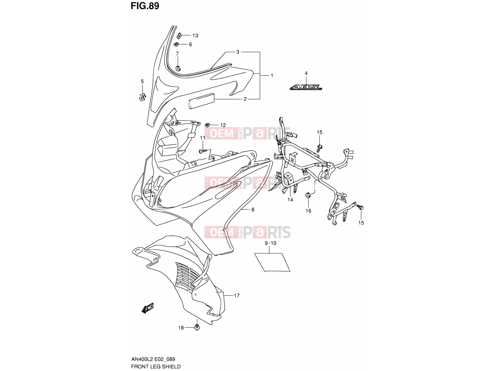 SUZUKI AN400A L2 (2012) Burgman 400 (E19, E24) 89 - FRONT LEG SHIELD (AN400AL2 E24)