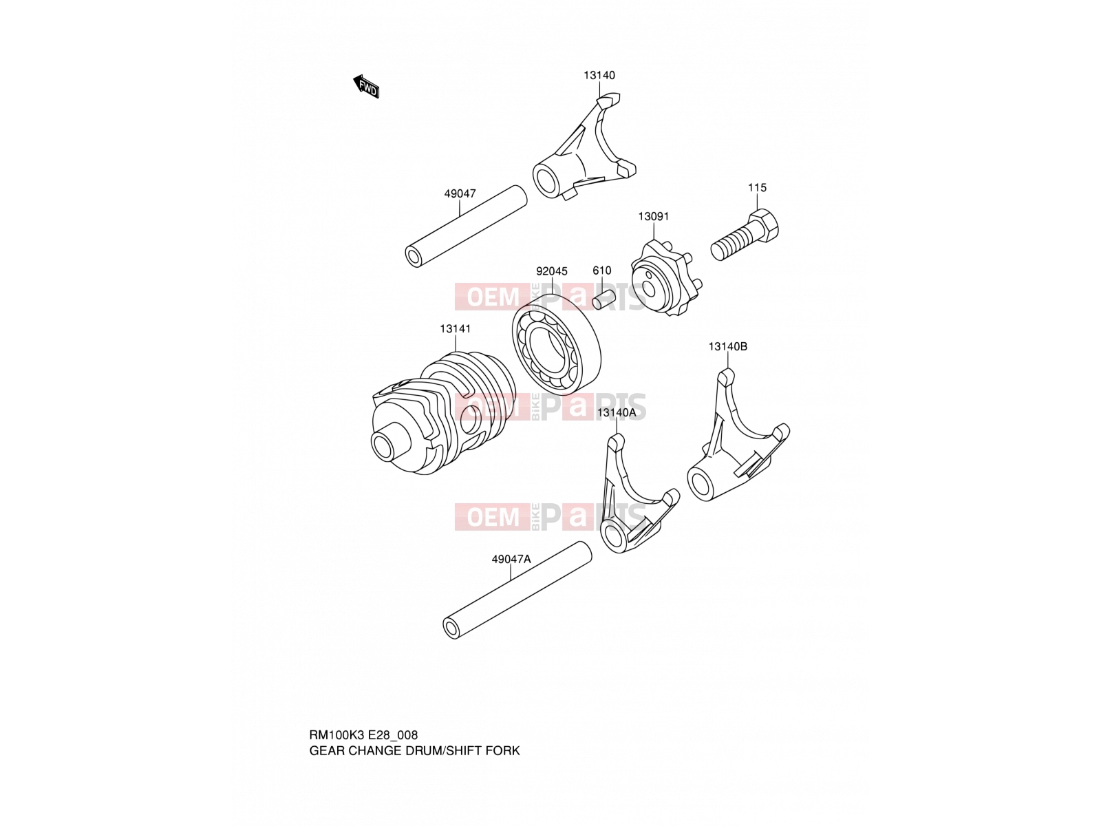 SUZUKI RM100 K3 (2003) (E28) 8 - GEAR CHANGE DRUM/SHIFT FORK